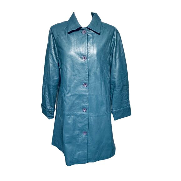 Excelled Blue Long Length Leather Jacket Coat Button Up Women's size Medium - Picture 1 of 6